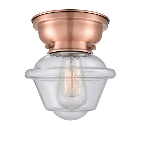 Oxford 7.5 in. 1-Light Antique Copper Traditional Flush Mount with Seeded Glass Shade
