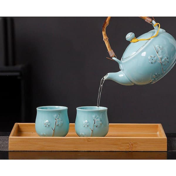 JFVKAF Tea Set with 1 Teapot 6 Tea Cups 1 Tray 1 Stainless Infuser