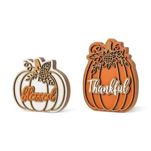Glitzhome 8 in. Thanksgiving Christmas Wooden Pumpkin Table Decor (Set of 2)