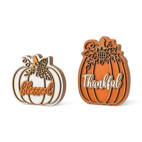 8 in. Thanksgiving Christmas Wooden Pumpkin Table Decor (Set of 2)