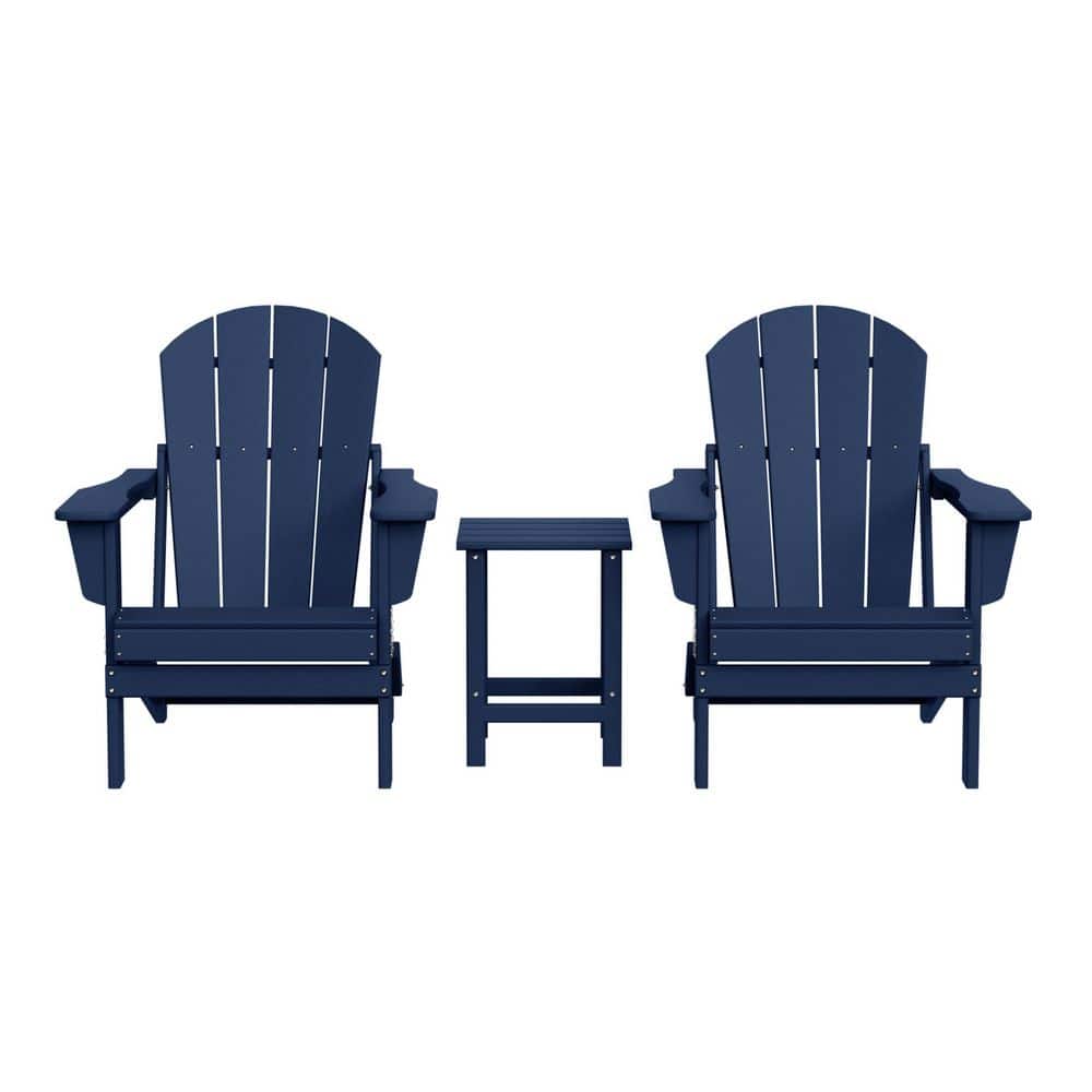 Laguna 3-Piece Fade Resistant Outdoor Patio HDPE Poly Plastic Folding Adirondack Chair Set with Side Table in Navy Blue price history on PriceWatchPro