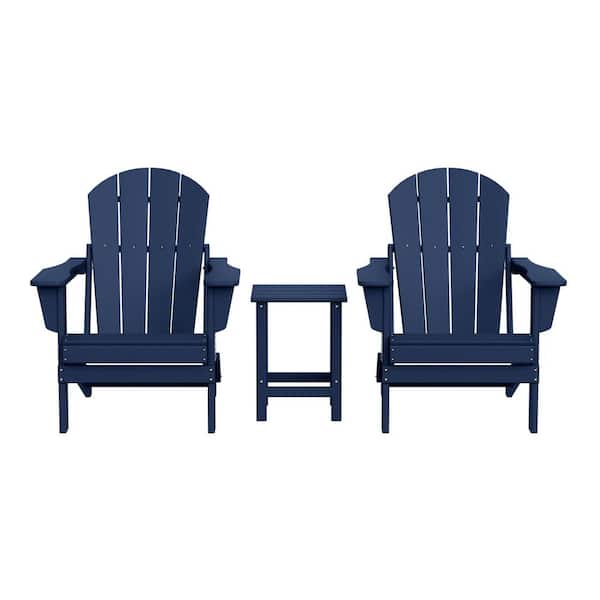 Laguna 3-Piece Fade Resistant Outdoor Patio HDPE Poly Plastic Folding Adirondack Chair Set with Side Table in Navy Blue