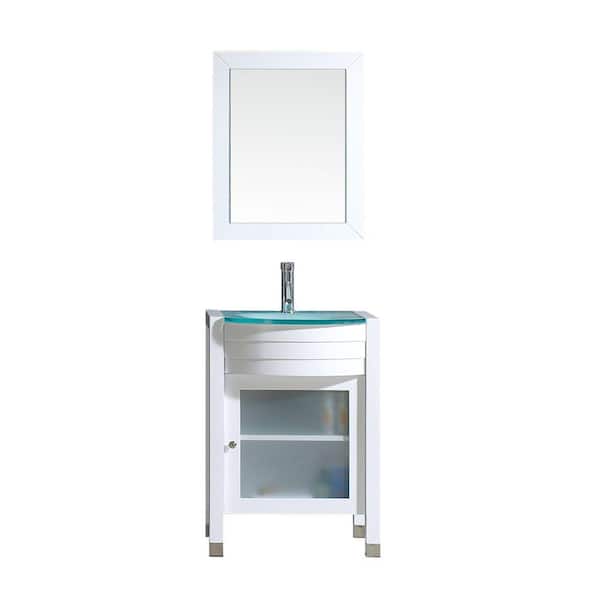Virtu USA Ava 24 in. W Bath Vanity in White with Glass Vanity Top in Aqua Tempered Glass with Round Basin and Mirror