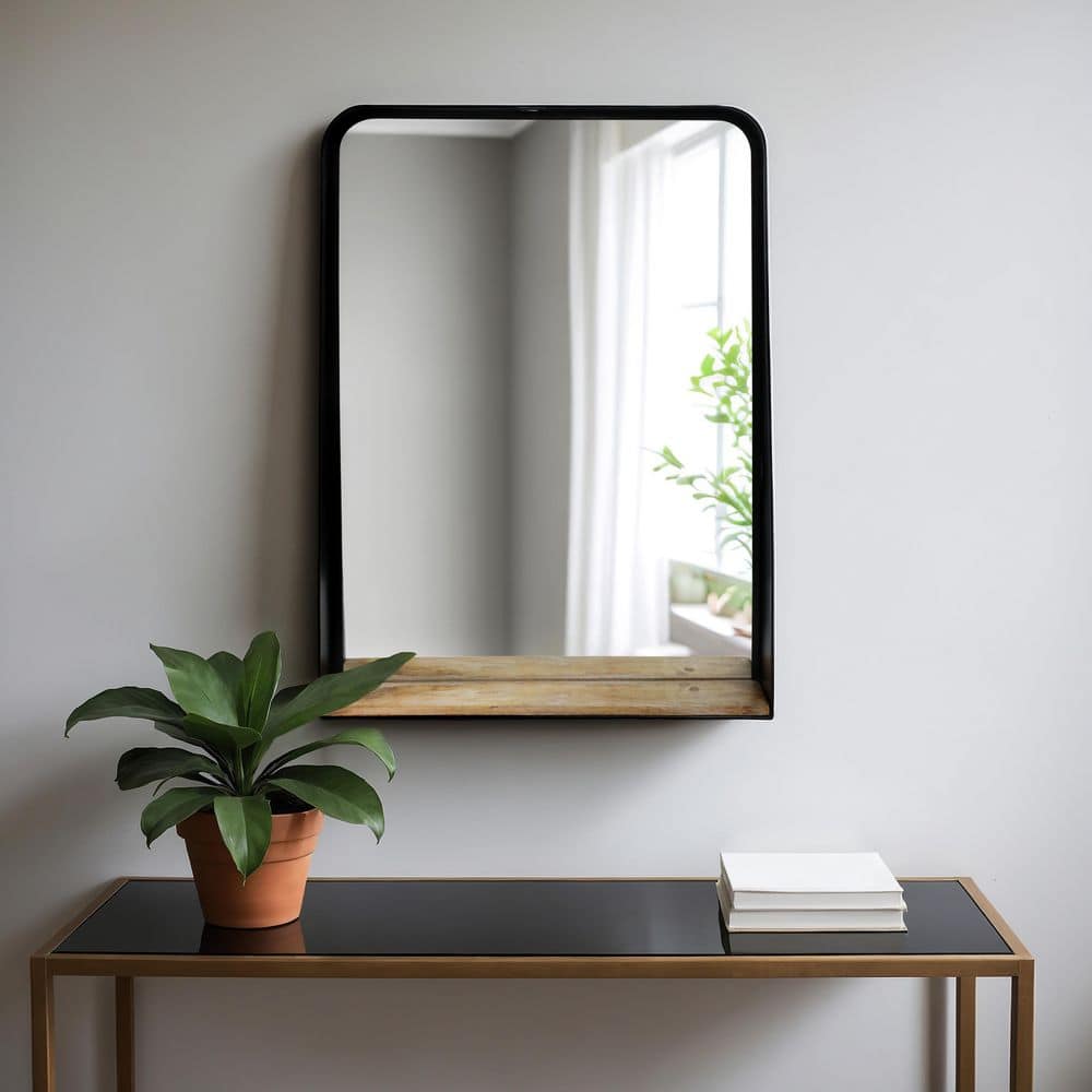 Contemporary Black Iron and Brown Wood 22x30 Mirror with Shelf