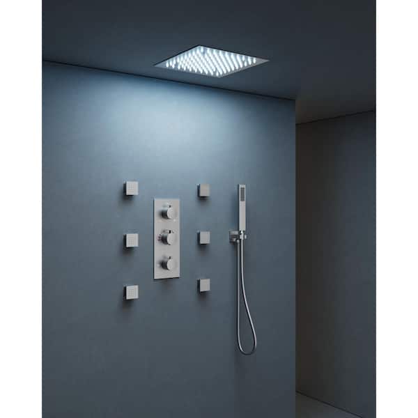 YAWWALK Thermostatic 5-Spray 12 in. Square LED Mood Lighting Shower System with 6-Jets in Brushed Nickel (Valve Included)
