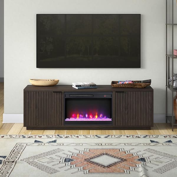 Mansfield 70 in. Alder Brown TV Stand Fits TV's up to 78 in. with Crystal Fireplace Insert