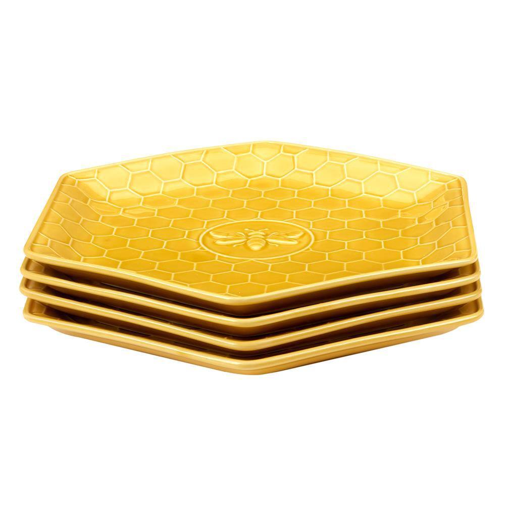 Yellow Embossed Honeycomb Ceramic Dinner Plates, Set of 4
