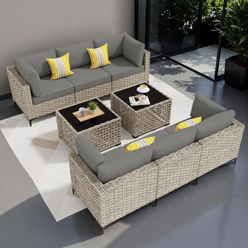 Cozy 8-Pieces Wicker Patio Conversation Seating Sofa Set with Dark Gray Cushions