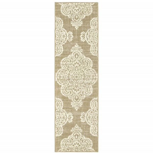 Tan 2 ft. x 8 ft. Loomed Oriental Polypropylene Rectangle Indoor/Outdoor Area Rug