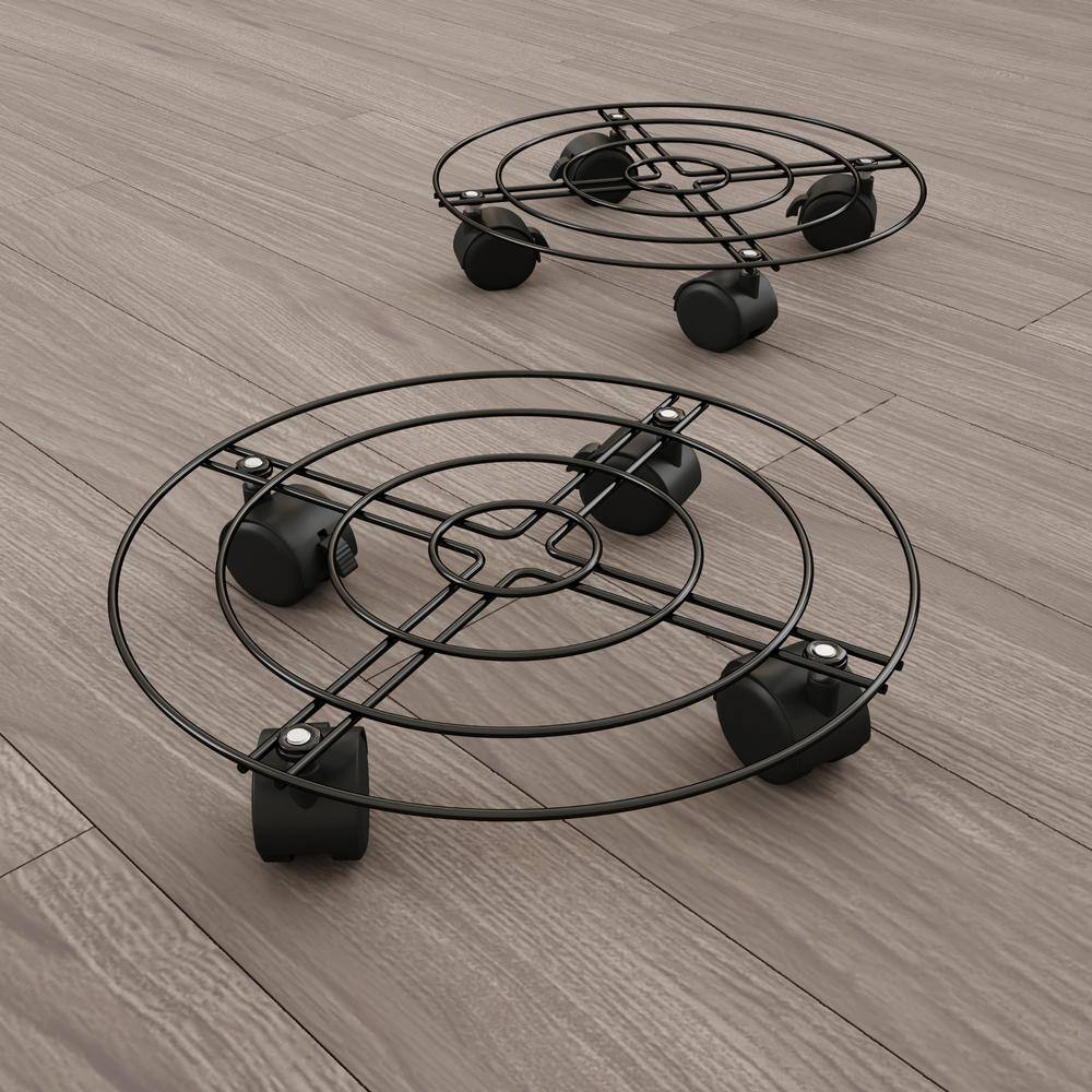 Set of 2 Black Metal 12" Round Plant Caddies with Wheels