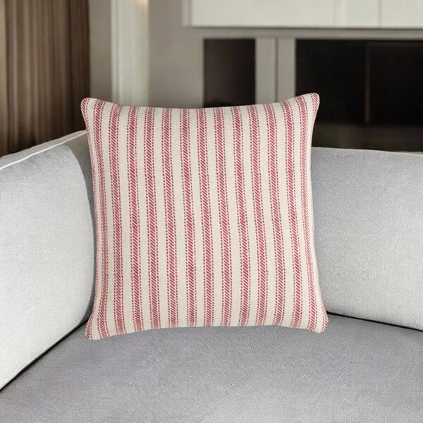 HomeRoots Red, Natural Striped Polyester 20 in. x 20 in. Throw Pillow