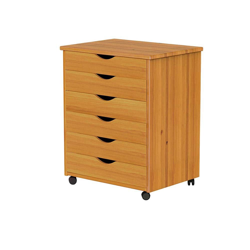 Medium Pine Solid Wood 6-Drawer Rolling Storage Cart