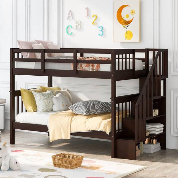 Qualler Hazzard Espresso Twin Over Twin Bunk Bed with Stairs and Shelves