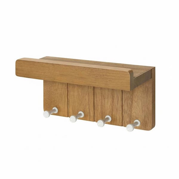 8 in. W x 3.5 in. D Light Brown Wood Decorative Wall Shelf Small Key Rack for Wall with 4 Key Hooks and Small Shelf