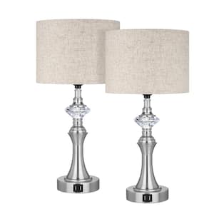 19.3 in. Silver Base Crystal Dimmable Touch Control Table Lamp Set with Beige Shade and USB Port (Set of 2)