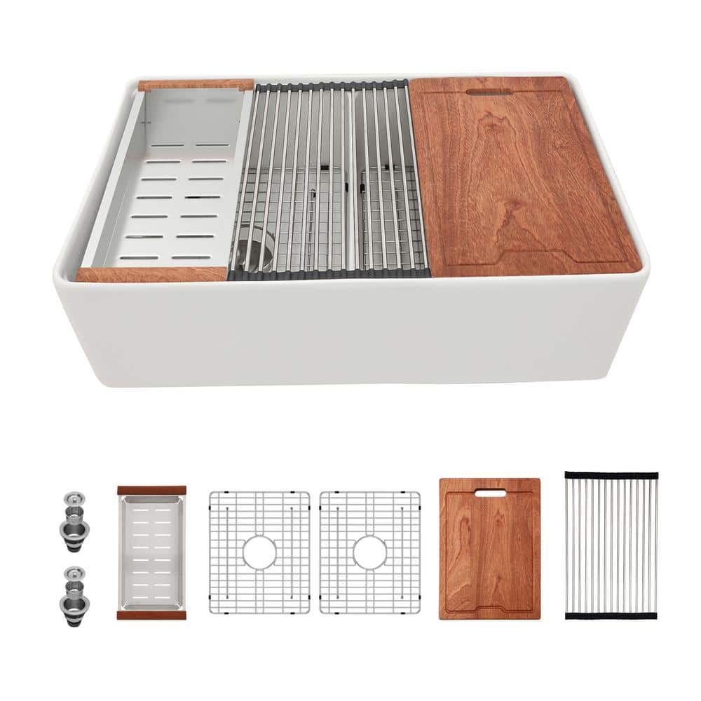 33 in. Farmhouse/Apron-Front Double Bowl Ceramic Workstation Kitchen Sink w