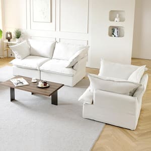 2-Piece Down Filled Comfort Overstuffed Linen Flannel Cover Removeable Living Room Set (1-Seater plus Loveseat ), White