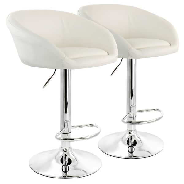 Elama 24 in. White Low Back Tufted Faux Leather Adjustable Bar Stool with Chrome Base (Set of 2)