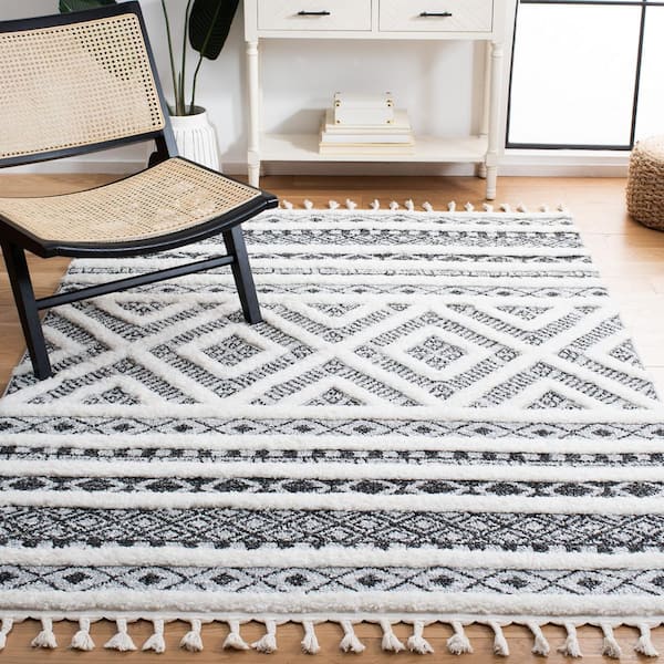 SAFAVIEH Moroccan Tassel Shag 4 ft. x 6 ft. Gray/Ivory High-Low Aztec ...