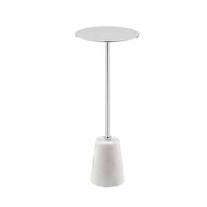 8 in. White and Chrome Round Marble End Table with Cone Base