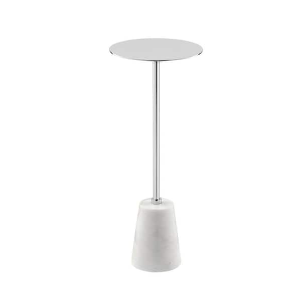 Benjara 8 in. White and Chrome Round Marble End Table with Cone Base