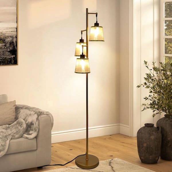 63 in. Gold 3-Light Tree Floor Lamp for Living Room with Acrylic Shade and Bulbs Included