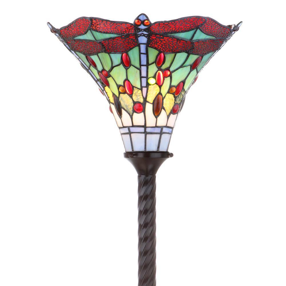 Dragonfly Tiffany-Style 71" Bronze Stained Glass Torchiere Lamp