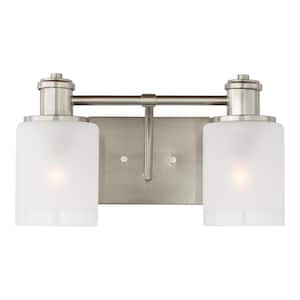 Norwood 14.125 in. 2-Light Brushed Nickel Vanity Light with Clear Highlighted Satin Etched Glass Shades
