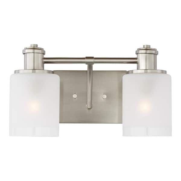 Generation Lighting Norwood 14.125 in. 2-Light Brushed Nickel Vanity Light with Clear Highlighted Satin Etched Glass Shades