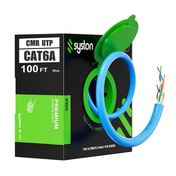 100 ft. Cat6A UTP CMR Riser Bulk Ethernet Cable, Blue, 23 AWG Solid Bare Copper, 10-Gig PoE 750 MHz Sunlight Resistant