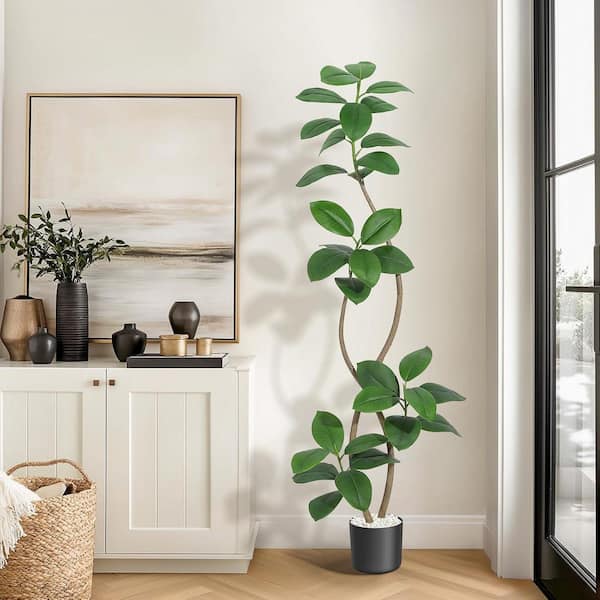 MOVECOM 6 ft. Artificial Plants Rubber Tree with Black Pot, Faux Tree  Tropical Indoor Tall Plant Fake Tree PHK_359RKCKD_LHD