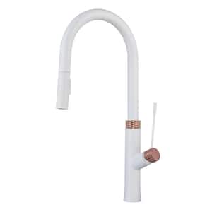 Single Handle Pull Down Sprayer Kitchen Faucet with Advanced Spray 1 Hole Brass Kitchen Sink Faucet in White & Rose Gold