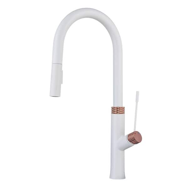 AIMADI Single Handle Pull Down Sprayer Kitchen Faucet with Advanced Spray 1 Hole Brass Kitchen Sink Faucet in White & Rose Gold