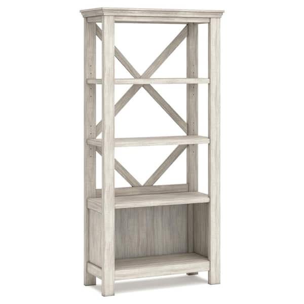 Signature DESIGN BY ASHLEY Carynhurst 78.13 in. Tall Distressed Whitewash Wood 4-Shelf Standard Bookcase with Interior Shelves, Storage