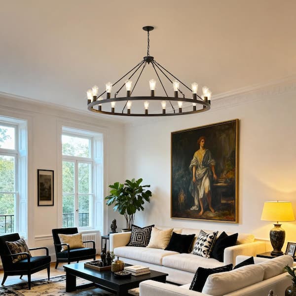 18-Light Black Wagon Wheel Chandelier, 53in. Adjustable Pendant Light for Dining Room and Living Room(No Bulbs)