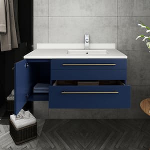 Lucera 36 in. W Wall Hung Bath Vanity in Royal Blue with Quartz Stone Vanity Top in White with White Basin