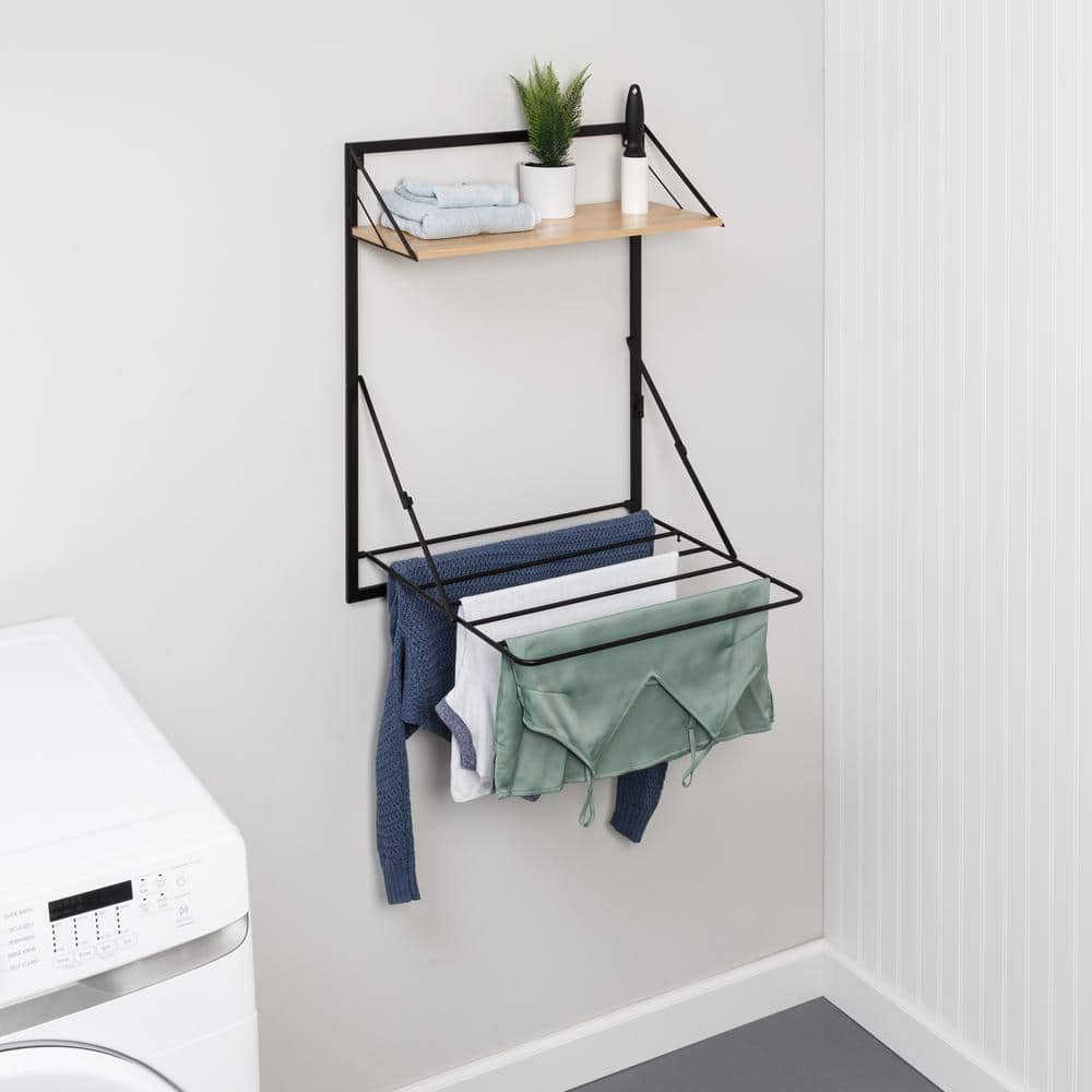 Black and Maple Wall-Mounted Folding Drying Rack with Shelf