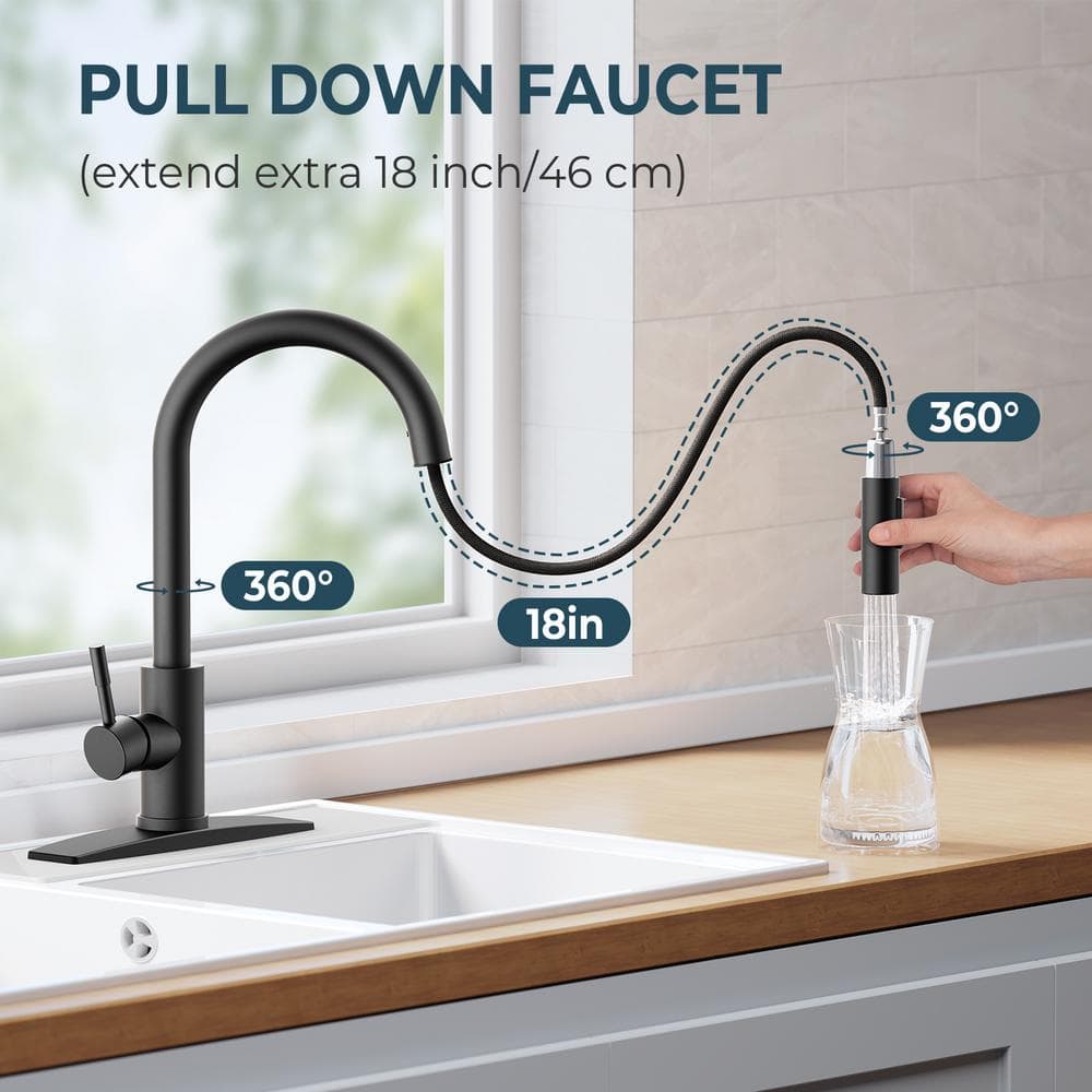 Matte Black Stainless Steel High-Arc Kitchen Faucet with Pull-Out Spray