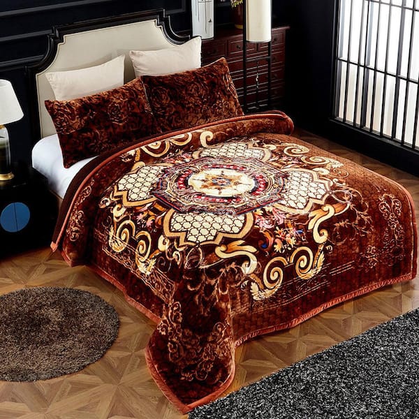 JML 3-Pieces Brown Floral Sherpa Fleece Blanket Set 79 in. x 91 in
