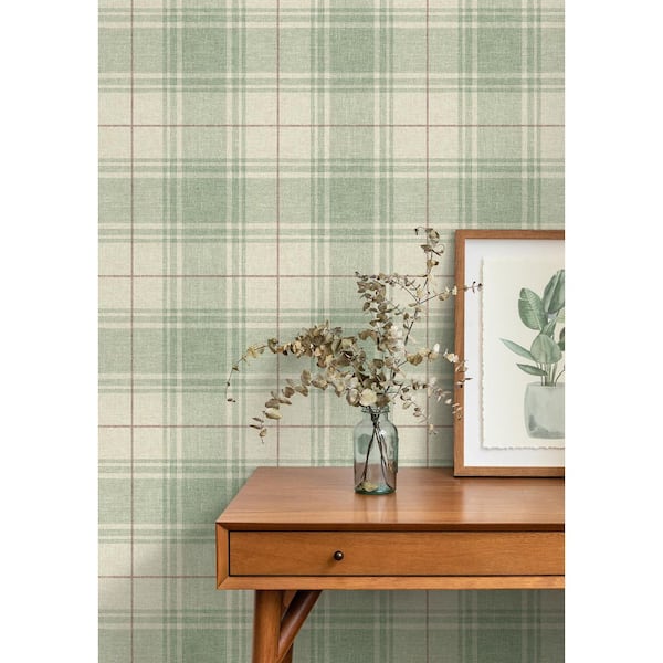30.75 sq. ft. Pine and Cabernet Linen Cut Plaid Vinyl Peel and Stick Wallpaper Roll