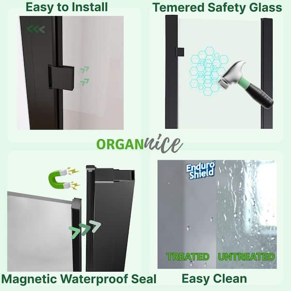 30 to 32 in. W x 72 in. H Pivot Swing Frameless Shower Door in Black with Clear Glass