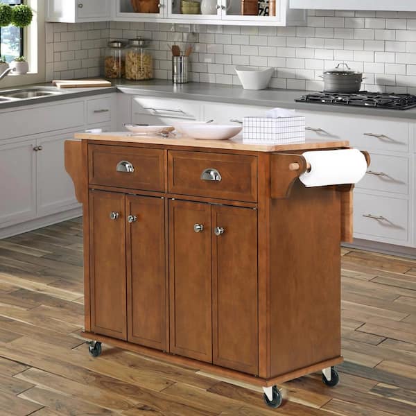 Unbranded Mahogany Rubber Wood Kitchen Cart with Drop Leaf, 4-Door Cabinet, 2-Drawers, Spice Rack and Towel Rack