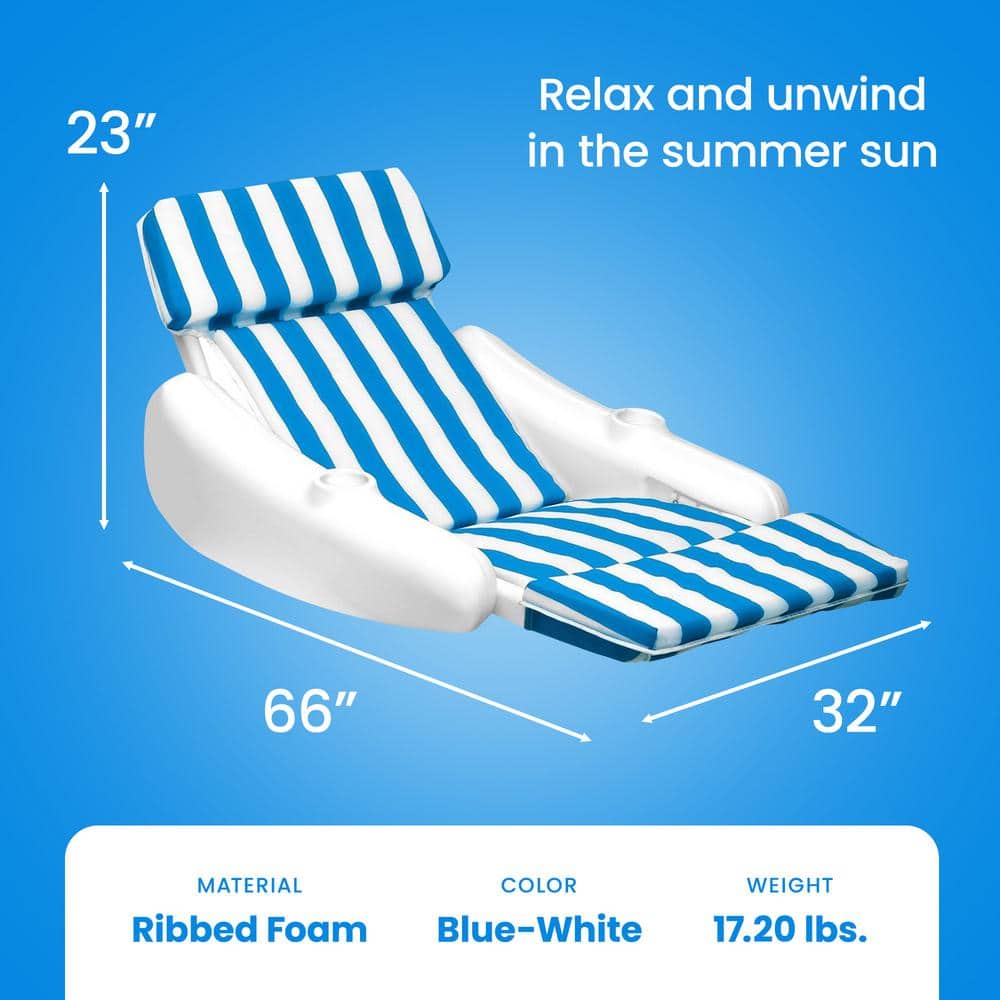 Blue and White Striped Padded Floating Pool Lounger with Cup Holders