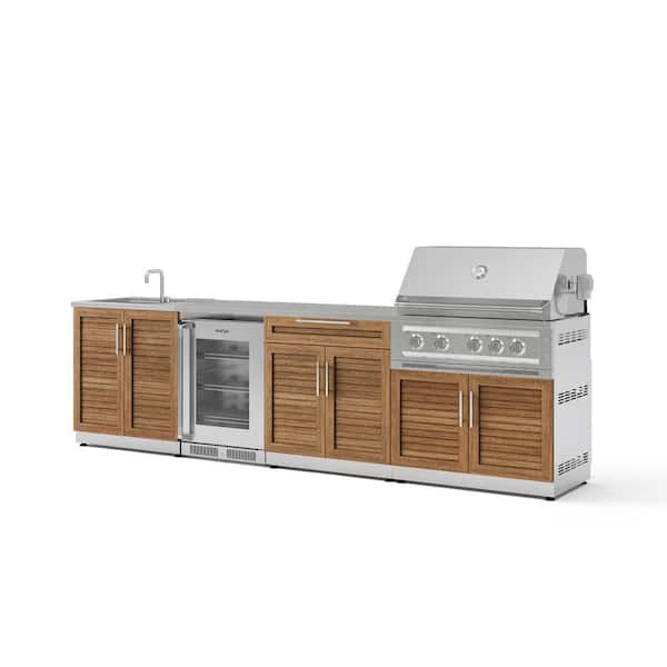 Outdoor Kitchen 5-Burners Liquid Propane Grill Island in Stainless Steel Grove with 36in Platinum Grill, Sink and Fridge