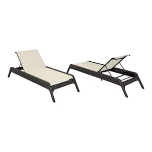 Brown Wicker Outdoor Patio Chaise Lounge with Almond Sling Fabric (2-Pack)