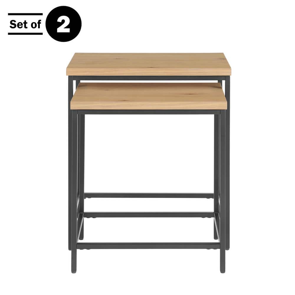 Oak and Black Metal Modern Nesting Tables Set