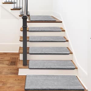 Plush Light Gray 9.5 in. x 30 in. x 1.2 in. Bullnose Polyster Carpet Stair Tread Cover Landing Mat Tape Free Set of 15