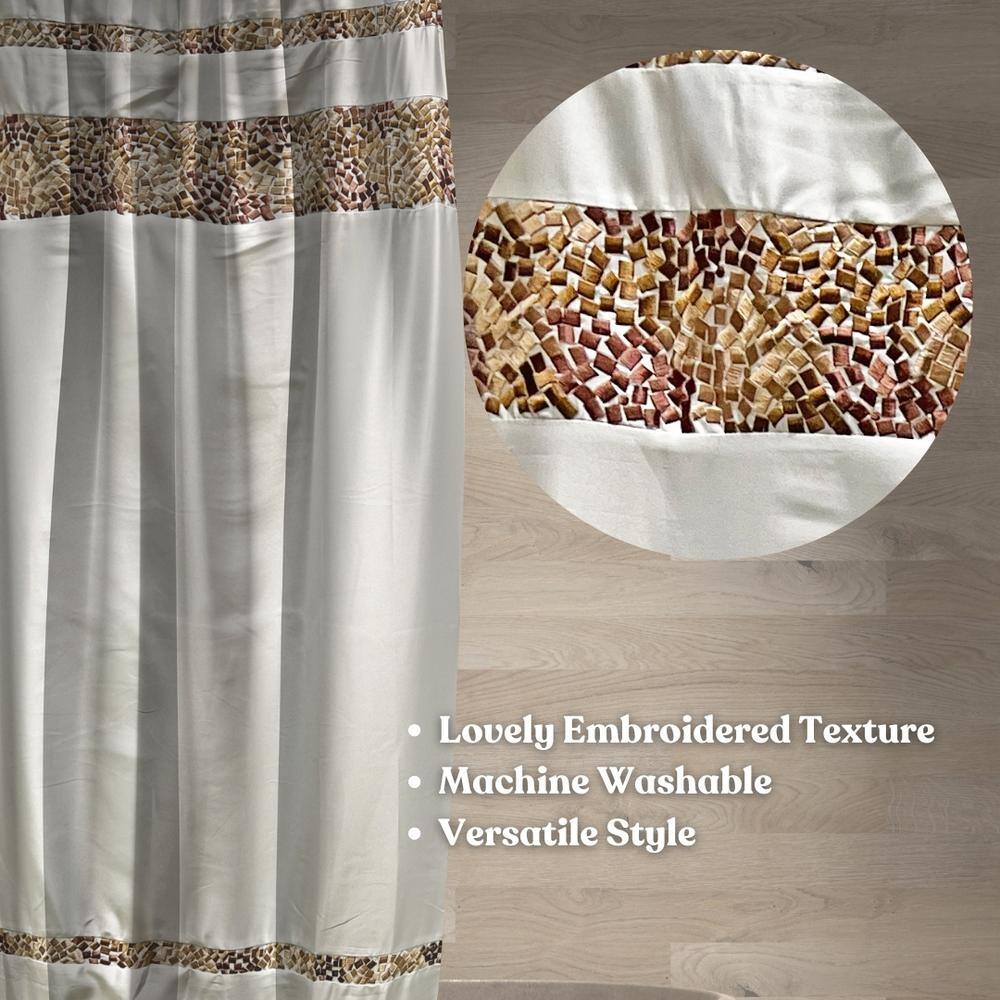 Brown and Beige Satin-Like Fabric Shower Curtain with Embroidered Tiles - 72" x 84"