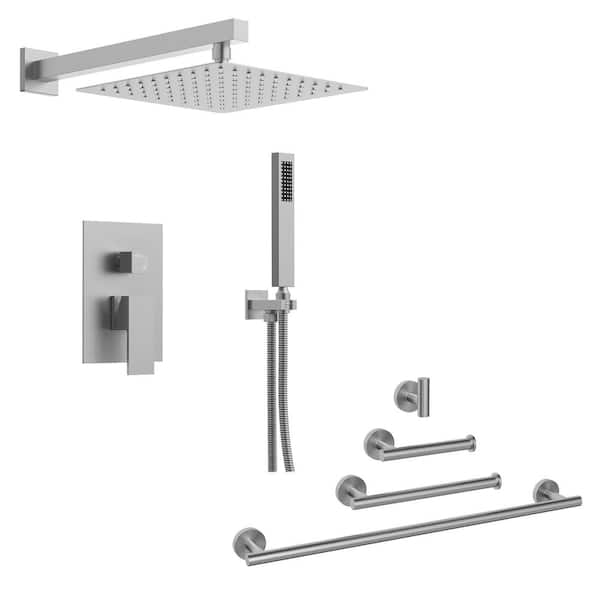 EVERSTEIN Single Handle 2-Spray Square 10 in. Dual Shower Head Fixed and Handheld 2.5 GPM with Towel Rack in Brushed Nickel