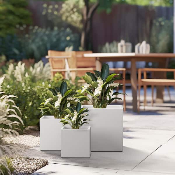 Modern 10 in., 12 in., 16 in. H Large Tall Crisp White Concrete Elongated Square Outdoor Planter Plant Pots (Set of 3)